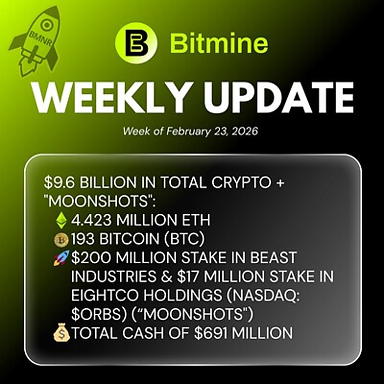 Bitmine Immersion Technologies (BMNR) Announces ETH Holdings Reach
5.67 Million Tokens, and Total Crypto and Total Cash Holdings of $10.7
Billion - TradingView