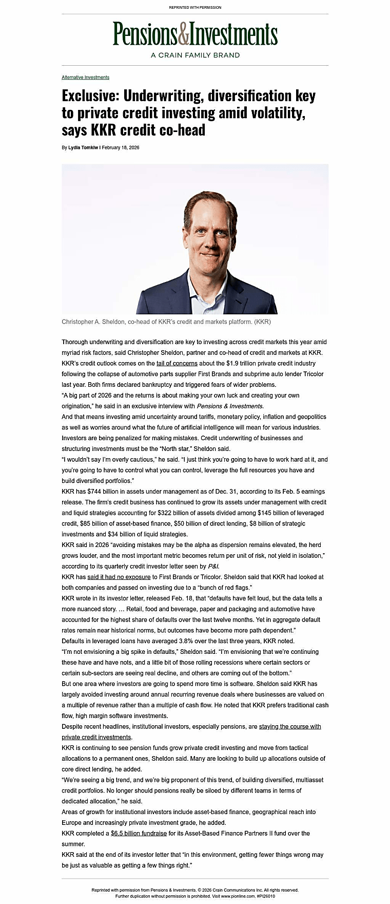 Exclusive: Underwriting, diversification key to private credit
investing amid volatility, says KKR credit co-head - Pensions &
Investments