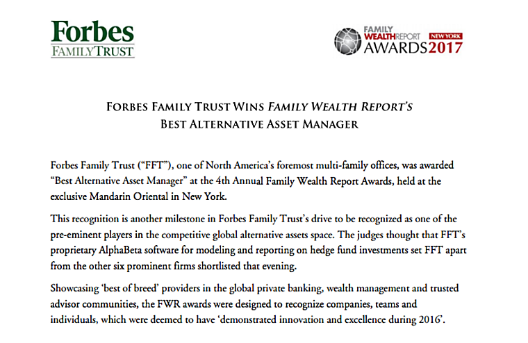 Forbes Family Trust wins "Best Alternative Manager" - forbes.com