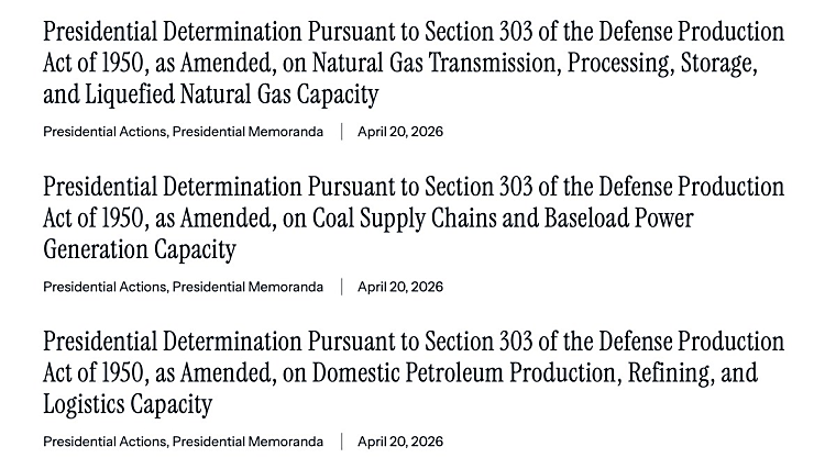 Presidential Determination Pursuant to Section 303 of the Defense
Production Act of 1950, as Amended, on Coal Supply Chains and Baseload
Power Generation Capacity