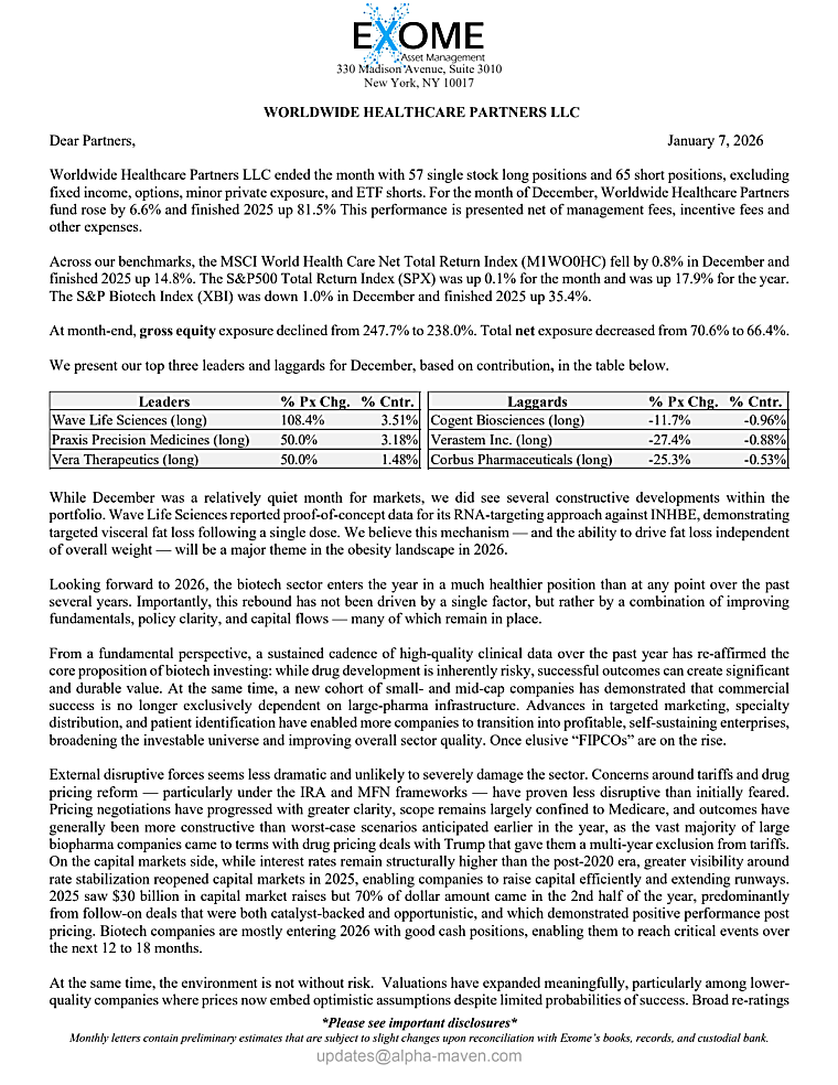 Exome Worldwide Healthcare Partners LLC - December 2025 Investor
Newsletter